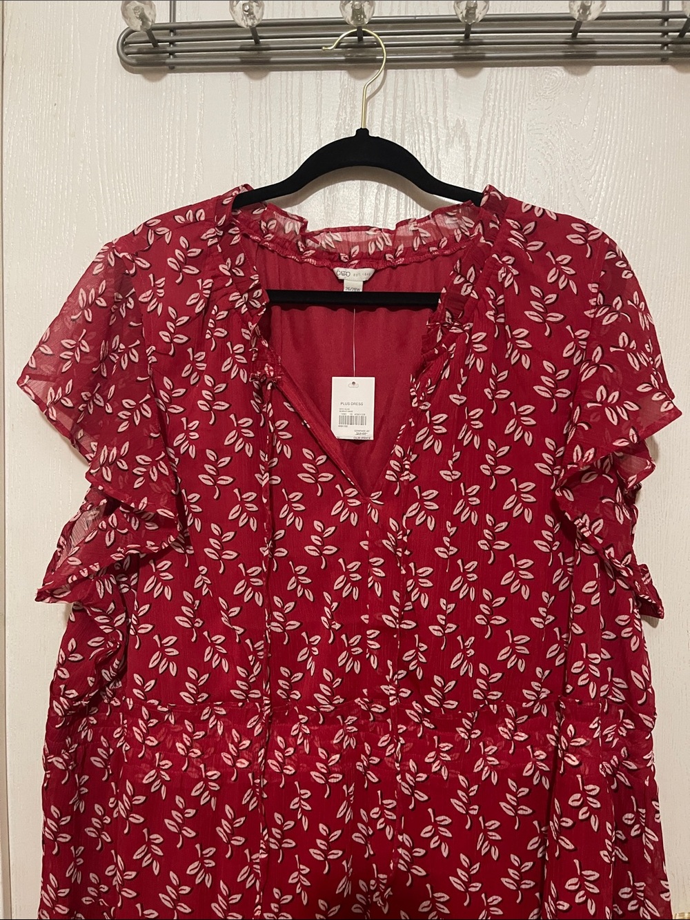 CATO Red Floral V-Neck Ruffle Sleeve Women's Dress 26-28W